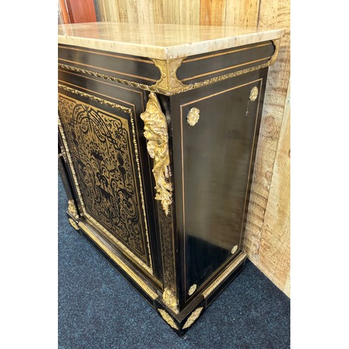 344 - Victorian pier cabinet with Carrara white marble top. The front has is decorated with brass inlay th... 