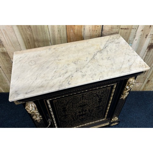 344 - Victorian pier cabinet with Carrara white marble top. The front has is decorated with brass inlay th... 