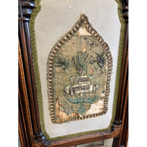 341 - A Pair of Gothic style fruit wood chairs with original tapestry panels. These solid Victorian chairs... 