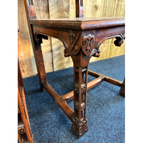 341 - A Pair of Gothic style fruit wood chairs with original tapestry panels. These solid Victorian chairs... 