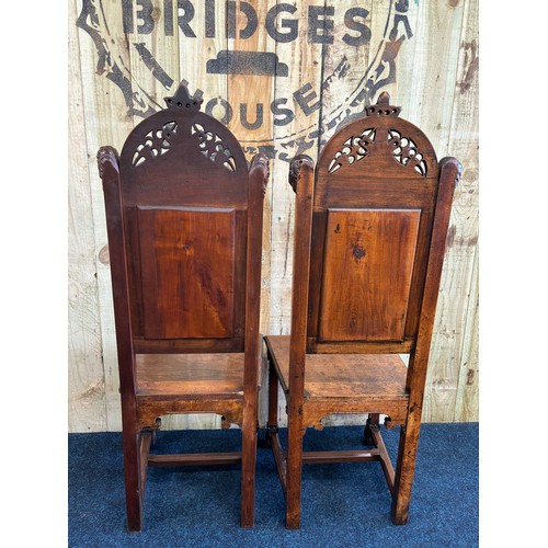 341 - A Pair of Gothic style fruit wood chairs with original tapestry panels. These solid Victorian chairs... 