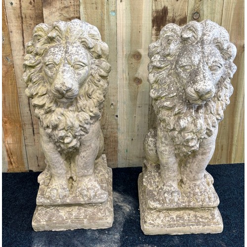 339 - A Large and heavy pair of concrete garden lion sculptures. [79cm high]