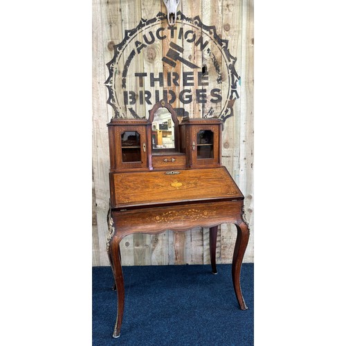 338 - Victorian Inlaid Rosewood Bonheur Du Jour/ writing desk. Two small cabinets decorated with delicate ... 