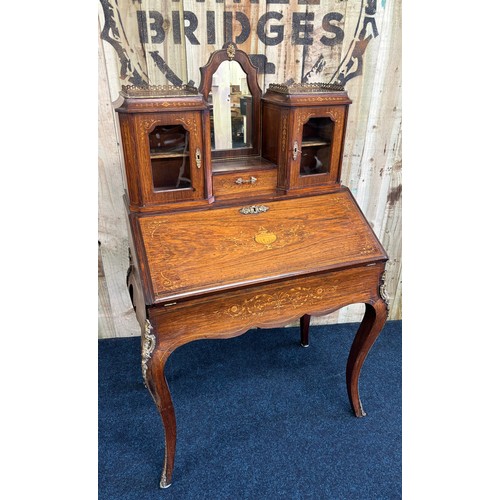 338 - Victorian Inlaid Rosewood Bonheur Du Jour/ writing desk. Two small cabinets decorated with delicate ... 