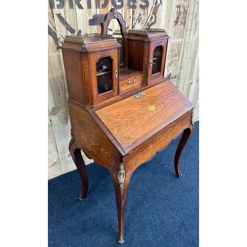 338 - Victorian Inlaid Rosewood Bonheur Du Jour/ writing desk. Two small cabinets decorated with delicate ... 