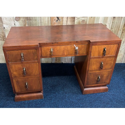 332 - Art Deco knee hole writing desk. Burred Feathered Walnut wood with bakelite handles. [69x105x46cm]