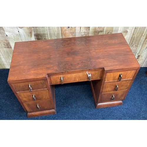 332 - Art Deco knee hole writing desk. Burred Feathered Walnut wood with bakelite handles. [69x105x46cm]