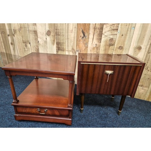 319 - Reproduction two tier lamp table and Mid century record cabinet.