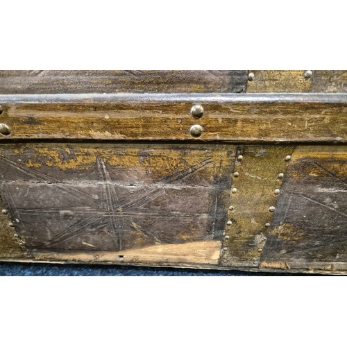 311 - 19th century dome top trunk; leather and wooden panelled, Leather handles to the side. Ball bearing ... 