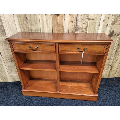 309 - Reproduction yew wood console; rectangle top section, two narrow under drawers and shelved area. [84... 