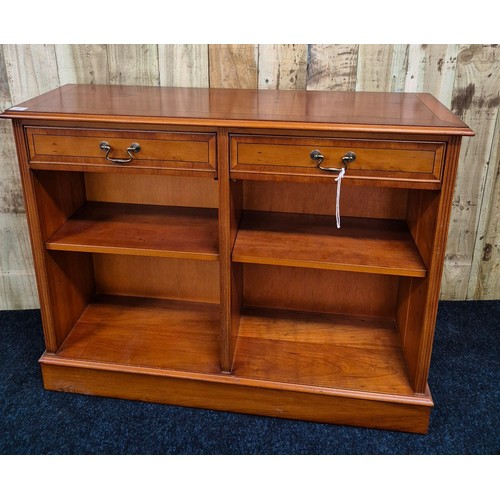 309 - Reproduction yew wood console; rectangle top section, two narrow under drawers and shelved area. [84... 