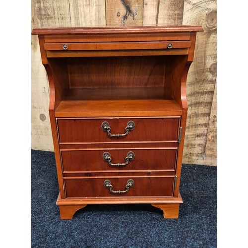 310 - Reproduction yew wood telephone side table; Pull out green leather writing area and false drawer doo... 