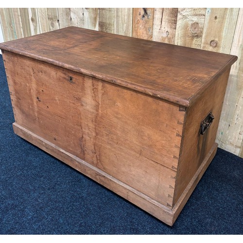 304 - Large and heavy 19th century hardwood trunk, lift up top, Wrought iron handles to the side, showing ... 