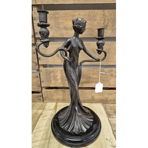 189 - Bronze Art Nouveau Inspired figural candle holder- signed ERTE PARIS. Sat upon a marble base. [40cm ... 