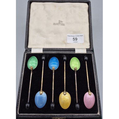 59 - Boxed set of six Silver and enamel coffee bean spoons. Produced by Walker & Hall. No damage to ename... 