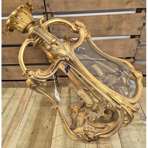 199 - A Large and heavy Antique Gilt brass bird cage shaped ceiling light. Two glass Panels missing. [67cm... 