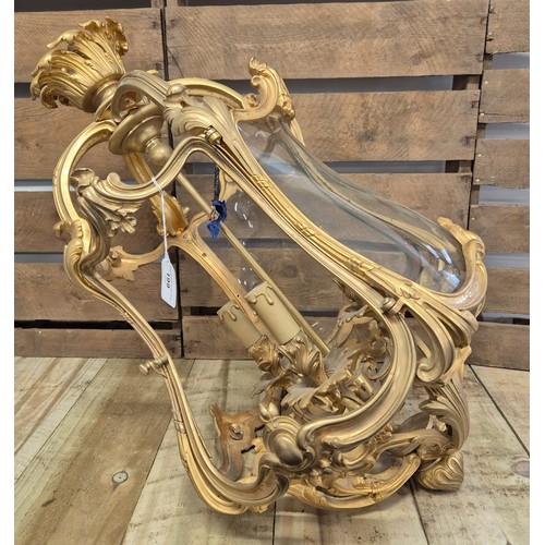 199 - A Large and heavy Antique Gilt brass bird cage shaped ceiling light. Two glass Panels missing. [67cm... 