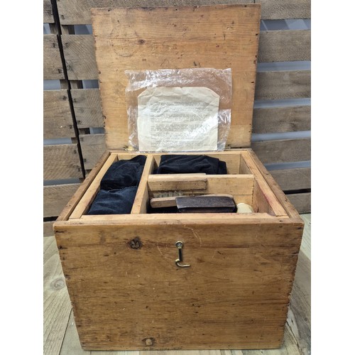 203 - Antique pitch pine shoe shine box and contents. [30x38x33cm]