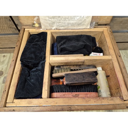 203 - Antique pitch pine shoe shine box and contents. [30x38x33cm]