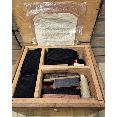 203 - Antique pitch pine shoe shine box and contents. [30x38x33cm]