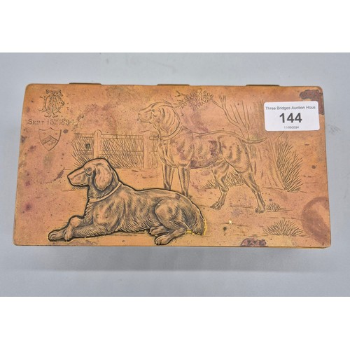 144 - 19th century brass cigar box depicting engraved dogs and fox hunting scene engraving to the front pa... 