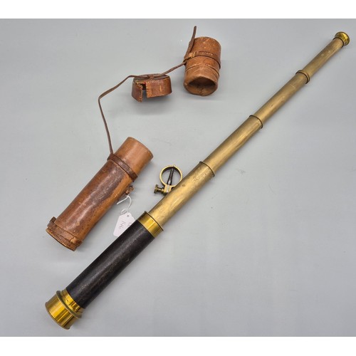 146 - 19th century four pull brass scope with leather travel case and vice attachment. Engraved 