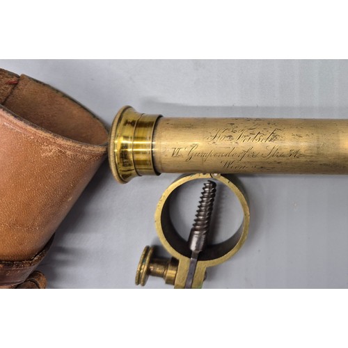 146 - 19th century four pull brass scope with leather travel case and vice attachment. Engraved 