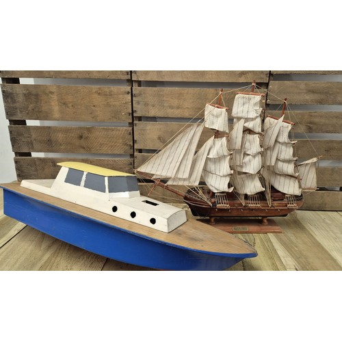 217 - Mayflower model galleon ship together with pond boat model.