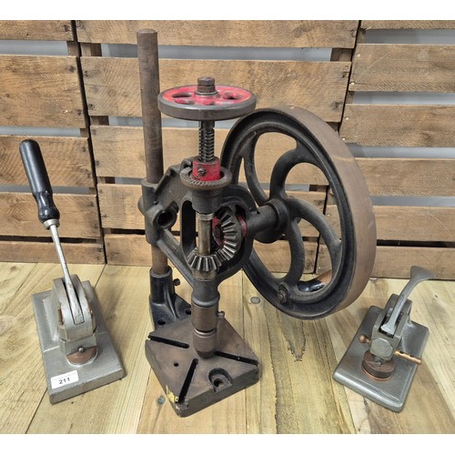 211 - Two vintage paper stamp presses and No.1 table top hand drill.