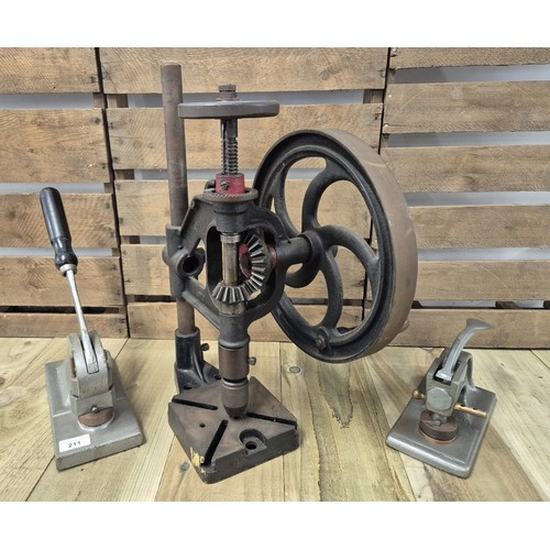 211 - Two vintage paper stamp presses and No.1 table top hand drill.