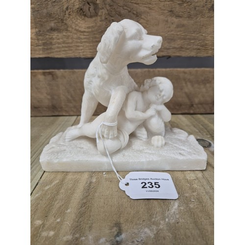 235 - Antique hand carved marble sculpture, Dog protecting child. [13cm high]