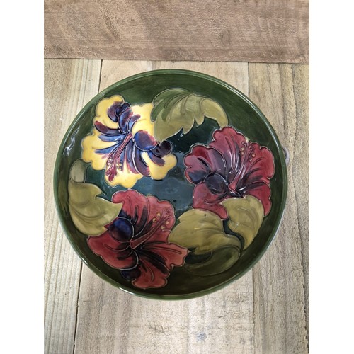 232 - Moorcroft Hibiscus pattern bowl, Green ground. Impressed marking and signed. [7cm high, 16cm diamete... 