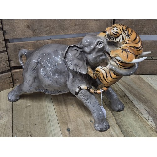 227 - Large Italian Porcelain Elephant and tiger figure, together with a large Italian pottery porcelain P... 