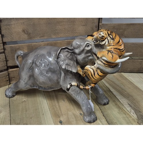 227 - Large Italian Porcelain Elephant and tiger figure, together with a large Italian pottery porcelain P... 