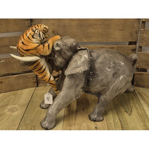 227 - Large Italian Porcelain Elephant and tiger figure, together with a large Italian pottery porcelain P... 