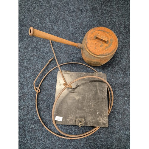 241 - Antique cast iron cooking pot with lid, Metal document box and two antique girdies