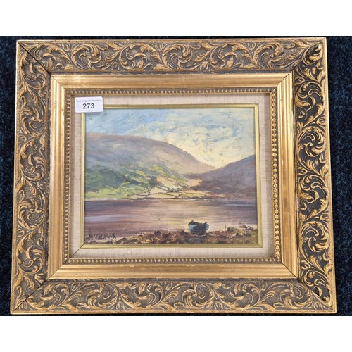 273 - Tom McGoldrick 
Original oil painting depicting loch and mountain scene. Fitted within a ornate gilt... 