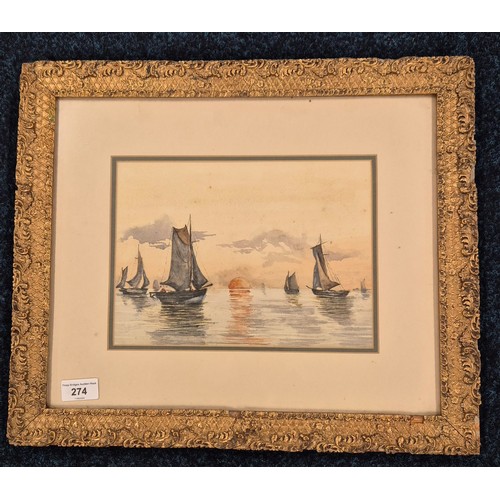 274 - Antique watercolour depicting Sunset scene. Unsigned. Fitted within an ornate gilt and moulded frame... 