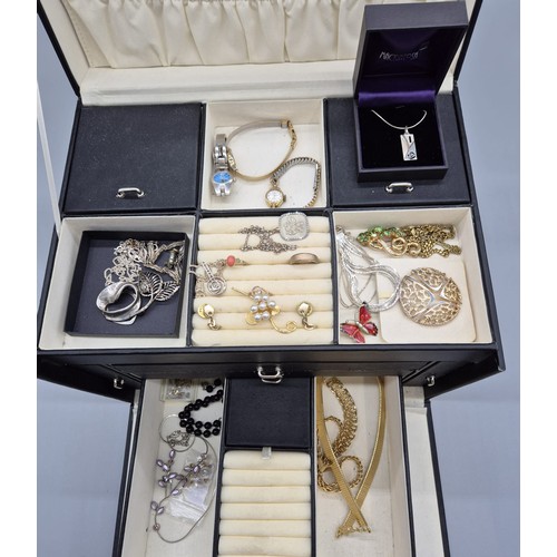 85 - Jewellery box and contents; Kit Heath Silver Rennie Mackintosh design pendant and chain, Two silver ... 