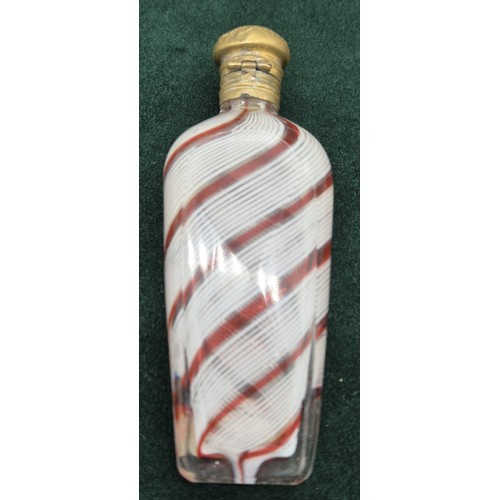 95 - A 19th century French White and pink striped glass perfume bottle, possibly Clichy. Fitted with a br... 