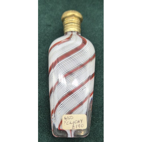 95 - A 19th century French White and pink striped glass perfume bottle, possibly Clichy. Fitted with a br... 