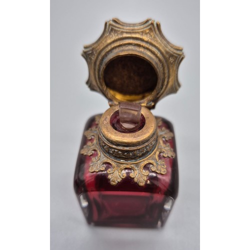 97 - Antique 19th century French Royal Ruby perfume bottle, Lid has a small painting to the top- painting... 