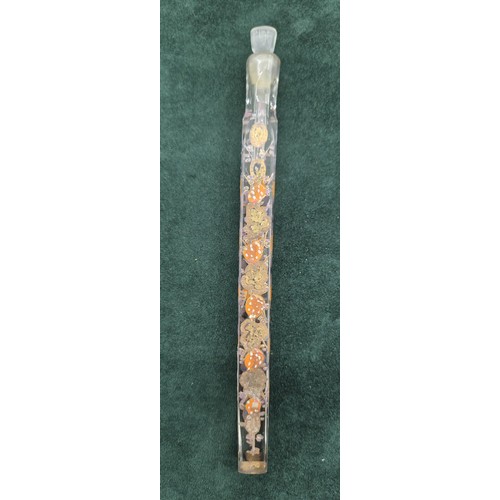 99 - 19th century glass and hand painted tear catcher, bottle with stopper. [17.5cm length]