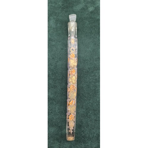 99 - 19th century glass and hand painted tear catcher, bottle with stopper. [17.5cm length]