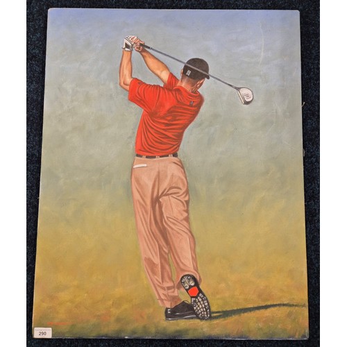 290 - Peter Deighan 
Oil painting on canvas depicting golfer. Possibly Tiger Woods. [77x61cm]