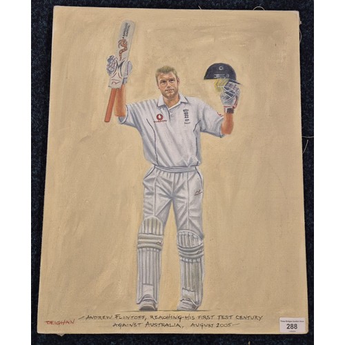 288 - Peter Deighan 
Original oil painting on canvas depicting Andrew Flintoff, Reaching his first test ce... 