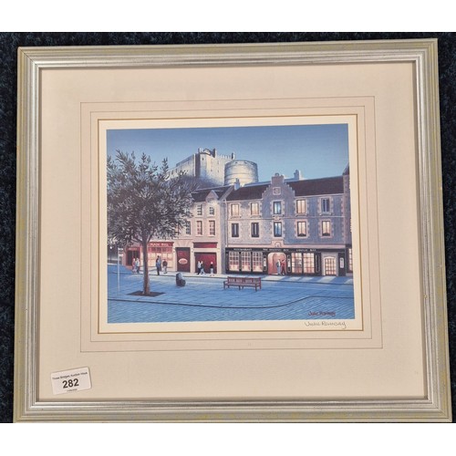 282 - Julie Ramsay 
Edinburgh castle and Grass market print- signed in pencil by the artist. [38x43cm]