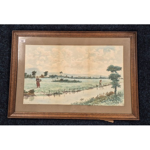 280 - J Sherrell S.N.G. 
Original watercolour depicting canal scene. [Frame- 57x81.5cm]