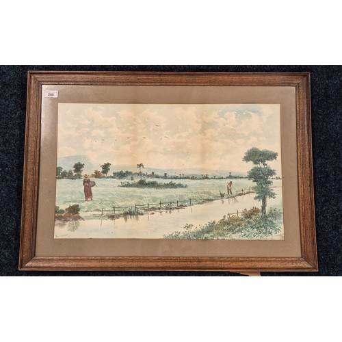 280 - J Sherrell S.N.G. 
Original watercolour depicting canal scene. [Frame- 57x81.5cm]