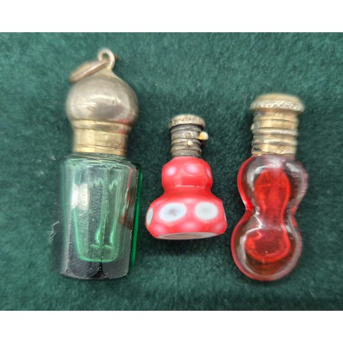 88 - Three antique miniature perfume bottles; Small double over lay pink and white perfume bottle with Fr... 